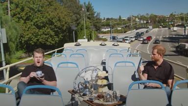 James Corden and Prince Harry toured LA on an open air bus with afternoon tea